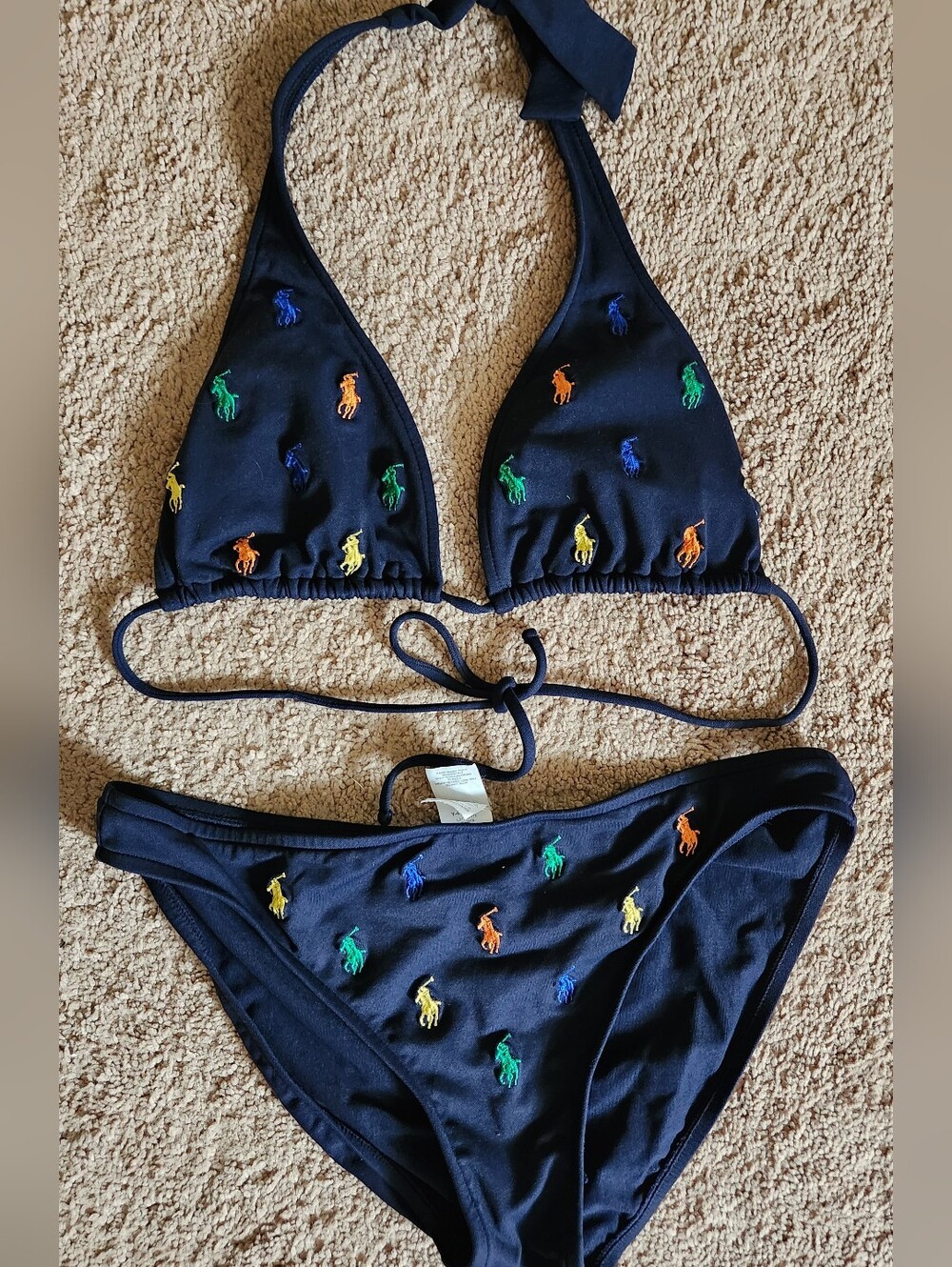 VINTAGE Ralph Lauren Polo Rainbow Pony Navy 2 Piece Bikini Med Swim Pool Beach